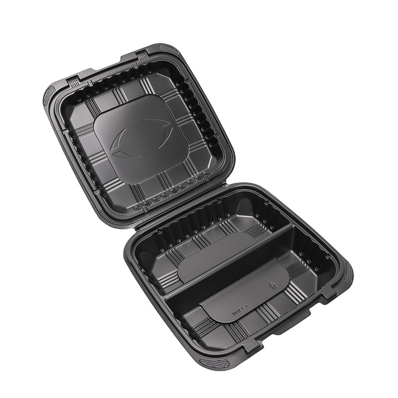 Disposable PP Lunch box with cap sealing black square two grid fast food box