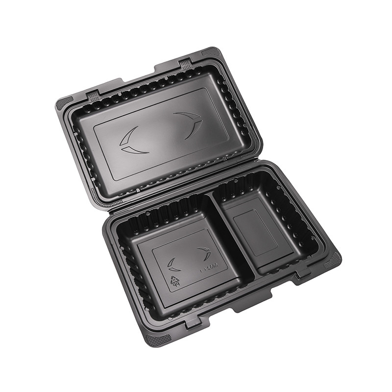 一次性pp饭盒带盖封口黑色方形两格格快餐盒